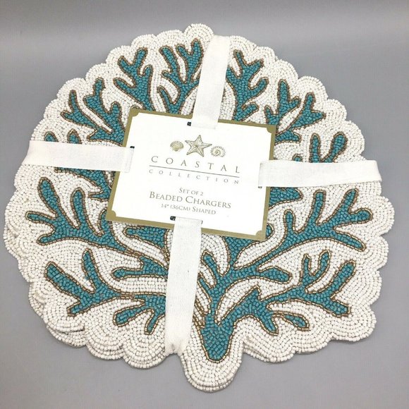 x4 Coastal Collection Beaded Ocean Blue Coral Reef Placemat Set Beach Decor 15" - Picture 2 of 7